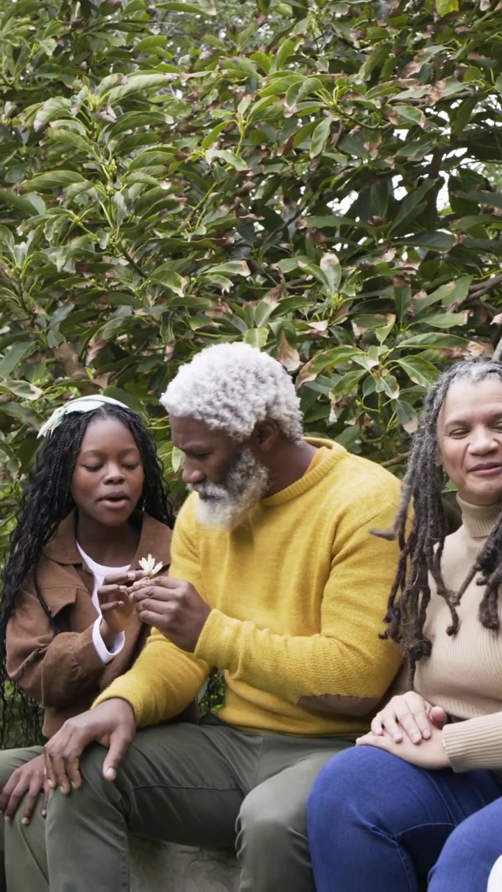 Vertical video: Taking daisy from hands, man in mustard knit sniffing and sharing on bench