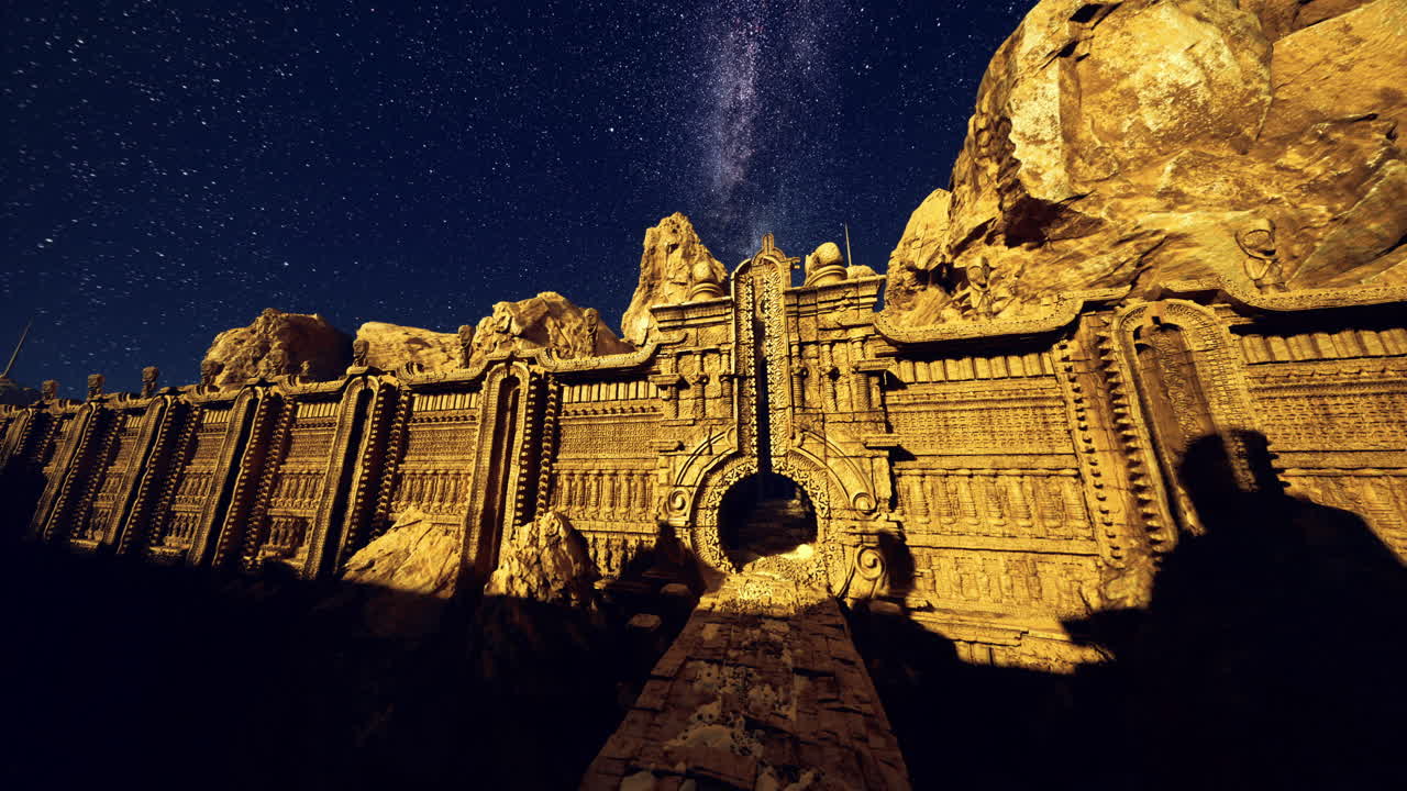 Ancient temple ruins under a starry sky in a remote location at night