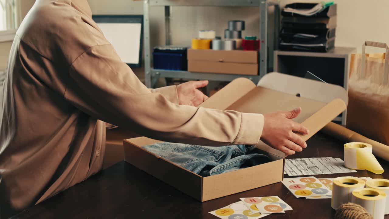 E-commerce storage shop, woman packing goods and clothes for second hand delivery market, dedicated Packaging and Shipping Workspace with Supplies and Technology for efficiency, online sales.