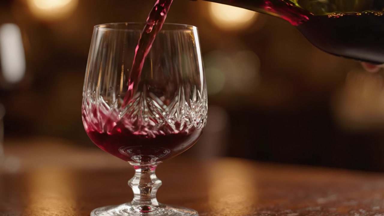 Capturando el arte de servir vino: Cristalería elegante y vino tinto intenso en un ambiente acogedor.
