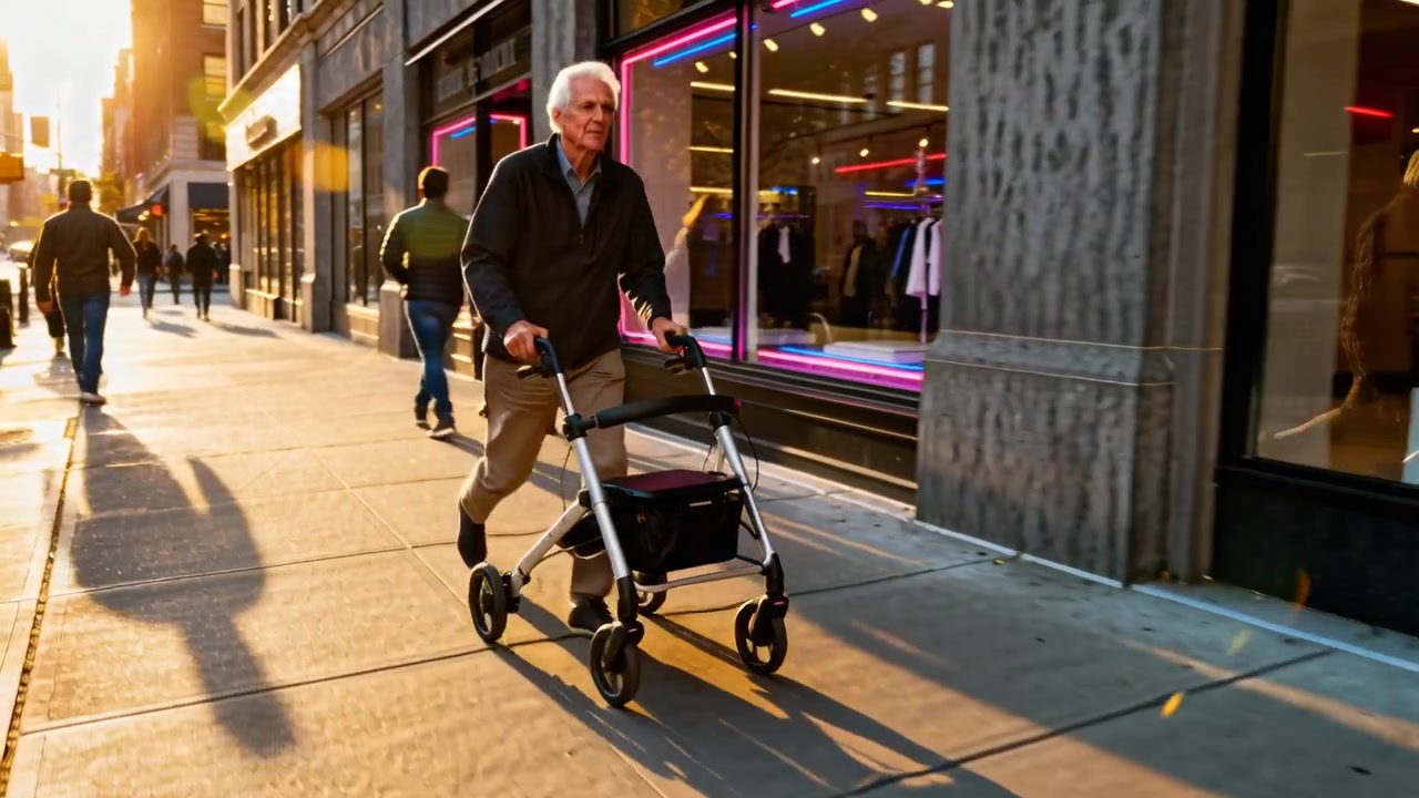 Walking senior man wearing dark jacket pushing rollator along retail street, passing neon windows
