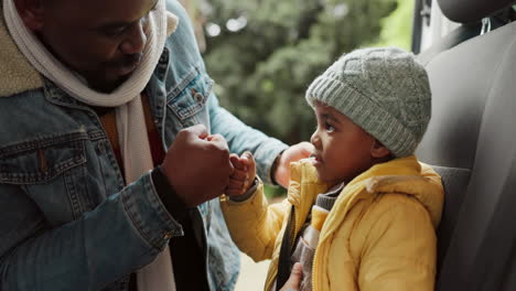 fist bump, seatbelt and car with father