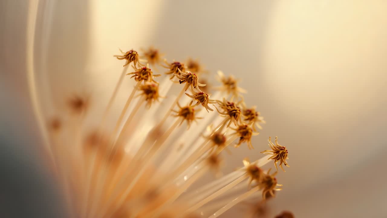 Shifting camera lens bringing stamens into sharp focus in macro close-up, revealing anther tips
