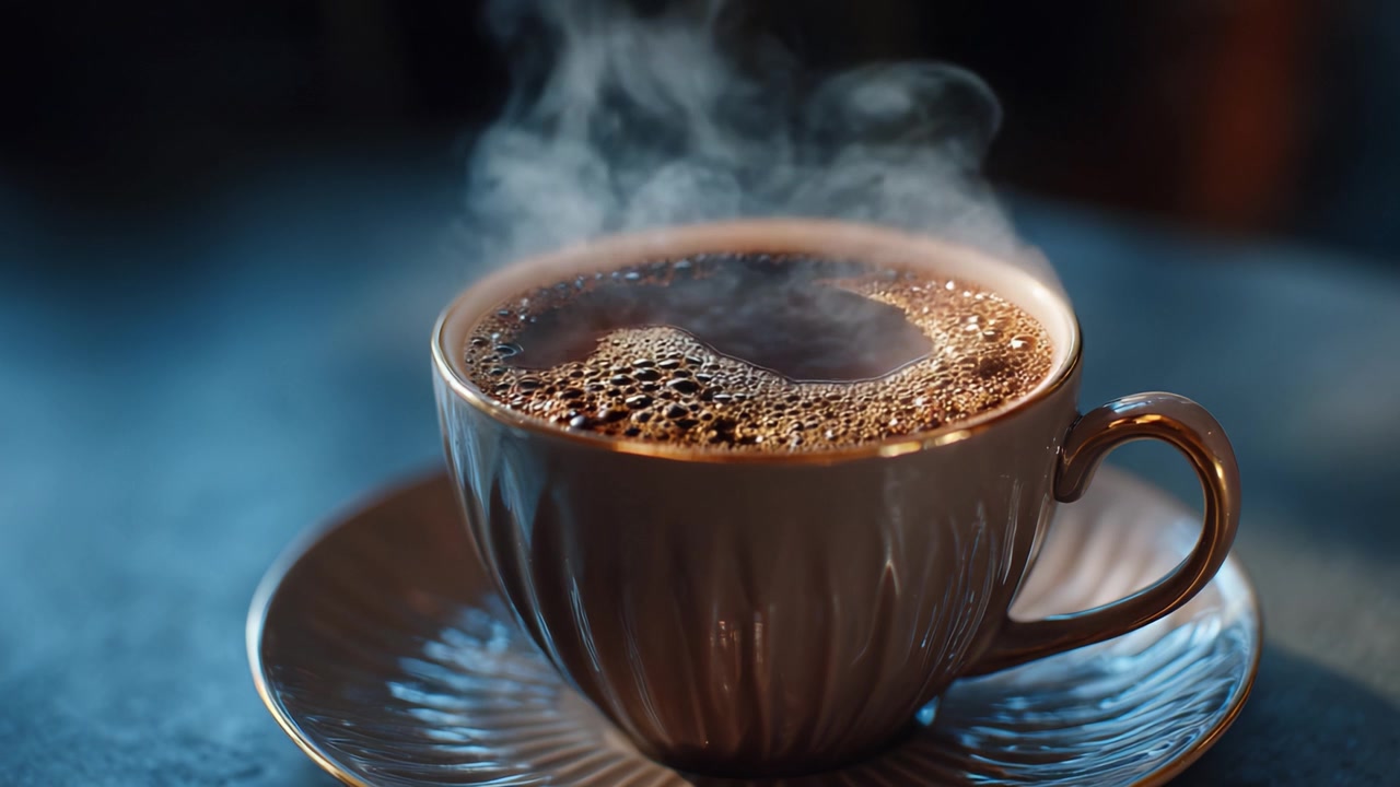 En fængslende kop kaffe med damp, der stiger op, fremviser varmen og den rige aroma i en hyggelig atmosfære på en smukt designet tallerken