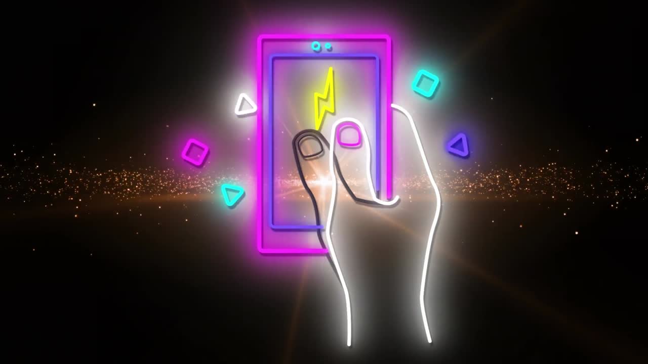 animación de un teléfono inteligente de neón sobre luz naranja y onda