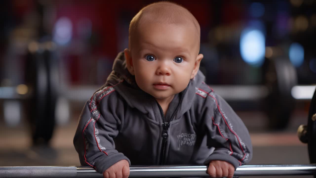 Ein bezauberndes Baby, das Entschlossenheit zeigt, während es in einer inspirierenden Atmosphäre in einem Fitnessstudio gegen eine Hantelstange drückt und dabei Stärke und Neugierde demonstriert