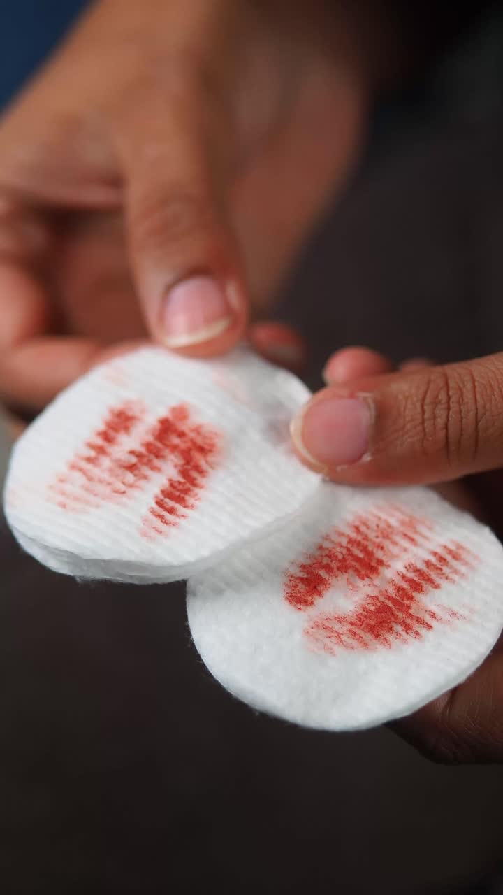 Primo piano di mani che tengono dischetti di cotone con macchie rosse