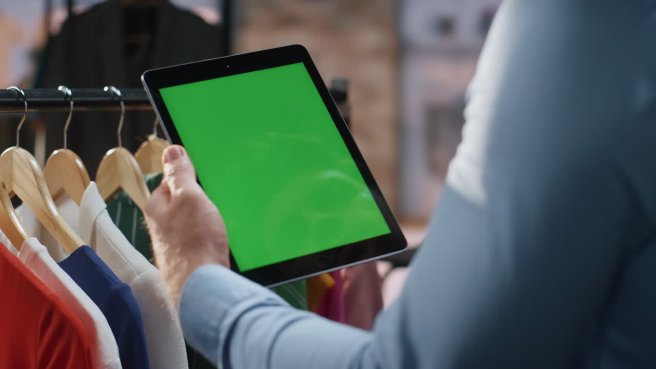 trabajador de la tienda de pantalla verde comprobando la tableta analizando los detalles del envío de cerca