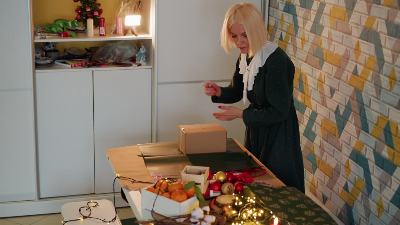 White woman packing Christmas presents at table. Busy holiday workstation with string lights, ornaments, cardboard boxes, ribbon spools, gift tags, bowl of treats, warm lamp, patterned tile wall