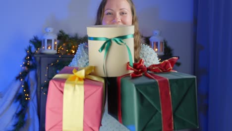 Woman-handing-over-gifts-to-the-camera-while-smiling,-static-closeup