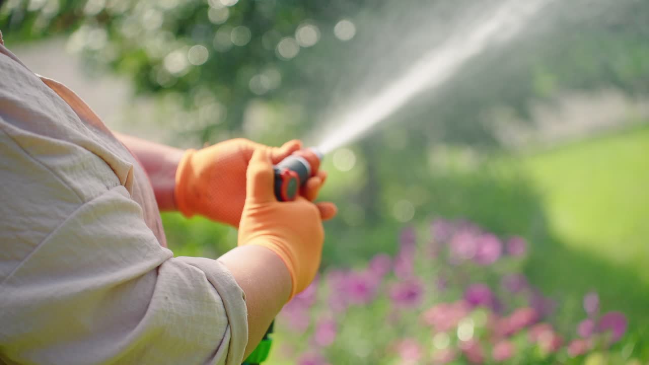 Giardiniere che utilizza una pompa per innaffiare fiori vivaci in un rigoglioso giardino verde con un delicato getto d'acqua che esalta la bellezza dello spazio all'aperto in estate