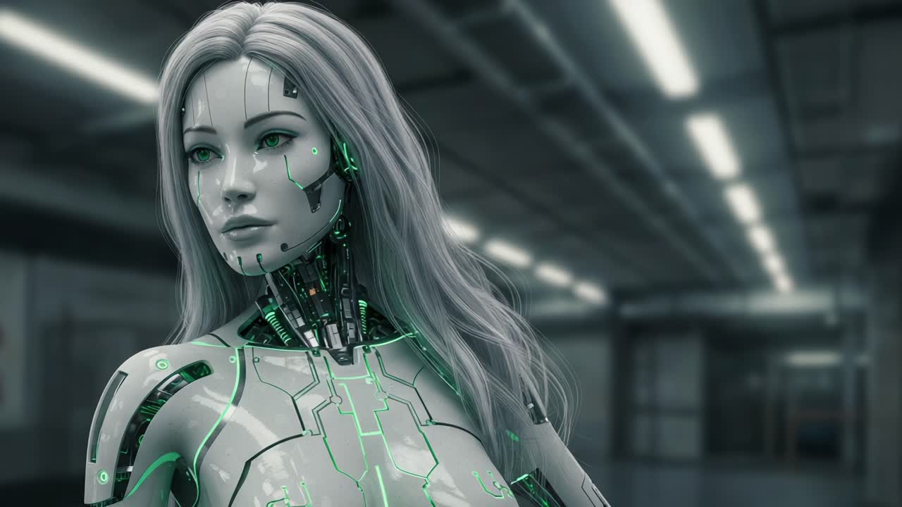 A Futuristic Cybernetic Woman with Bioluminescent Features Stands Confidently in a High-Tech Environment, Merging Human Grace with Advanced Robotics and Digital Elements