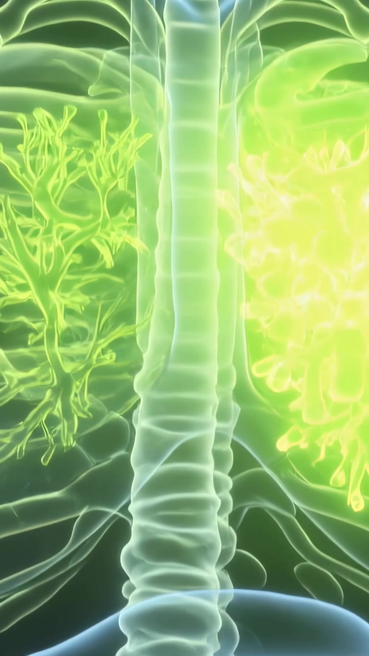 Vídeo vertical: Início de panorâmica lenta, câmera destacando a traqueia e lesão pulmonar direita neon para estudo.