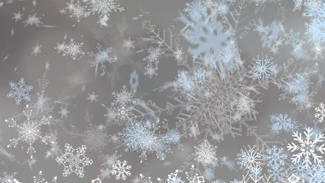 Digital-animation-of-multiple-snowflakes-icons-falling-against-grey-background