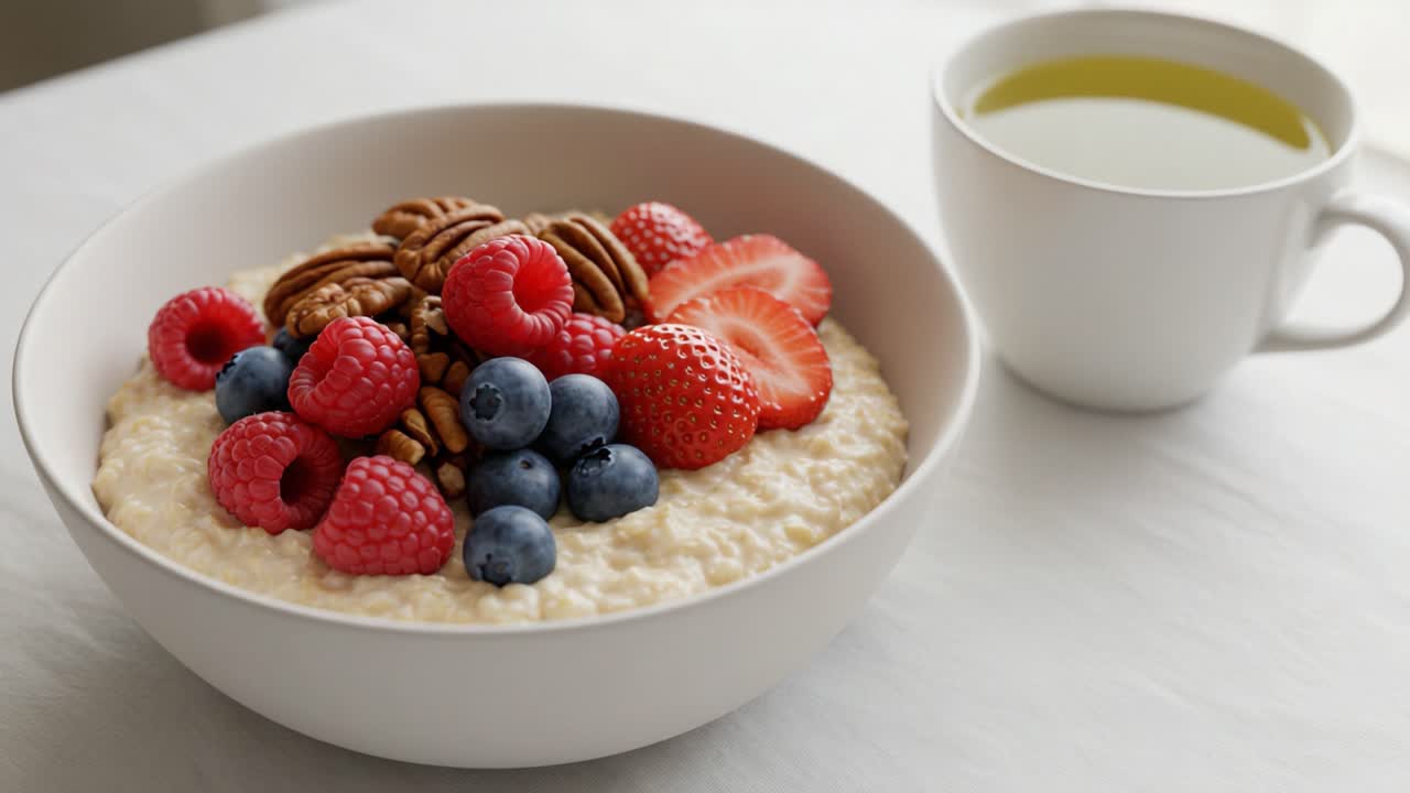 A Beautifully Arranged Bowl of Oatmeal Topped with Fresh Raspberries, Strawberries, Blueberries, and Pecans, Accompanied by a Cup of Herbal Tea