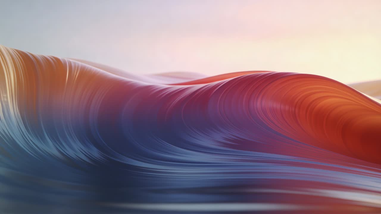 Rolling glossy stylized ocean swell progressing rightward at sunrise, revealing warm highlights
