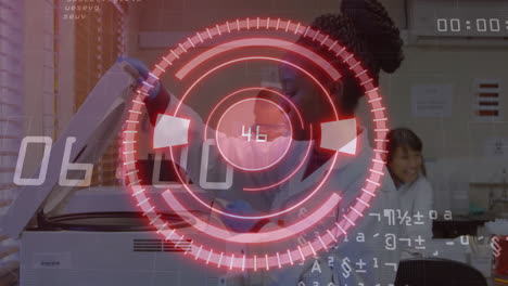 Woman lab technician operating centrifuge in research lab, showing translucent red HUD graphics