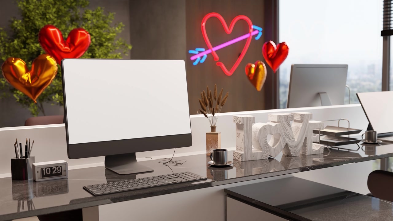 Una moderna postazione da ufficio con schermo del computer vuoto e decorazioni di San Valentino. Cuore al neon con freccia e palloncini metallici sullo sfondo. Concetto di design per lo spazio di lavoro per progetti a tema romantico.