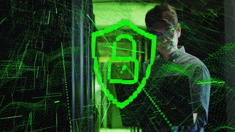 working with server equipment, person with cybersecurity shield animation overlaid