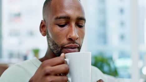 coffee smell, relax face and black man drinking