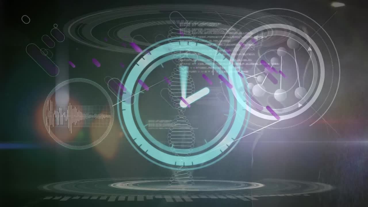 dna 가닥 위의 시계 이동과 보라색 선의 애니메이션