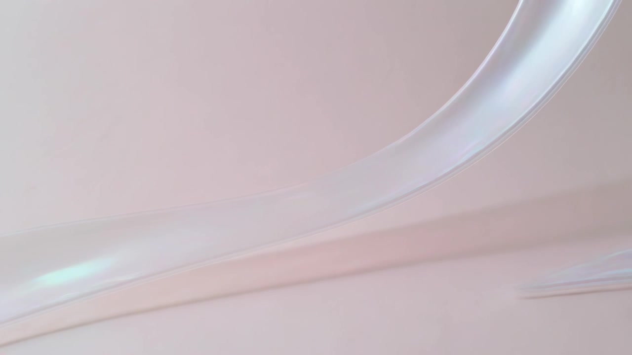 Pan shift starting translucent ribbons sweeping in neutral studio, revealing iridescence