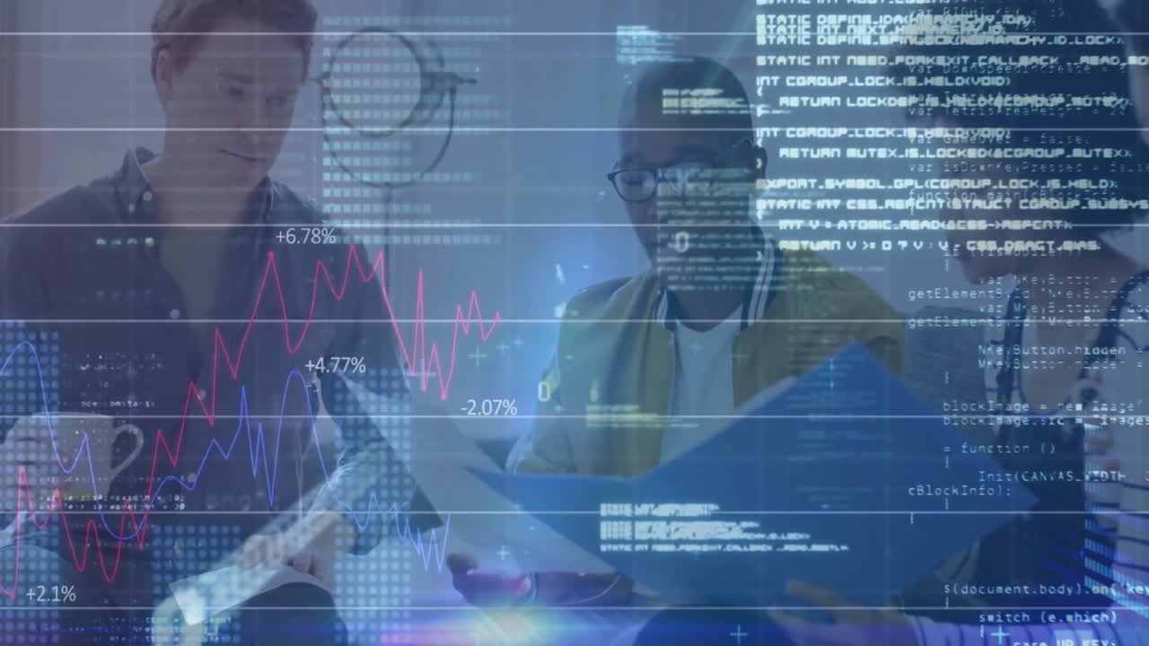 Animation of financial data processing over diverse business people in office