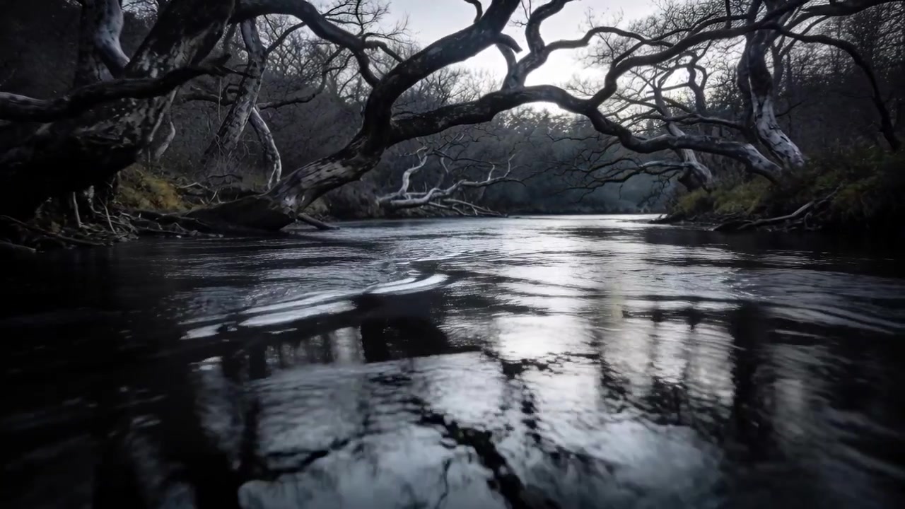 Stromende rivier vormt rimpelingen en vervaagt reflectie van knoestige boom in beek, met drijvende boomstam.