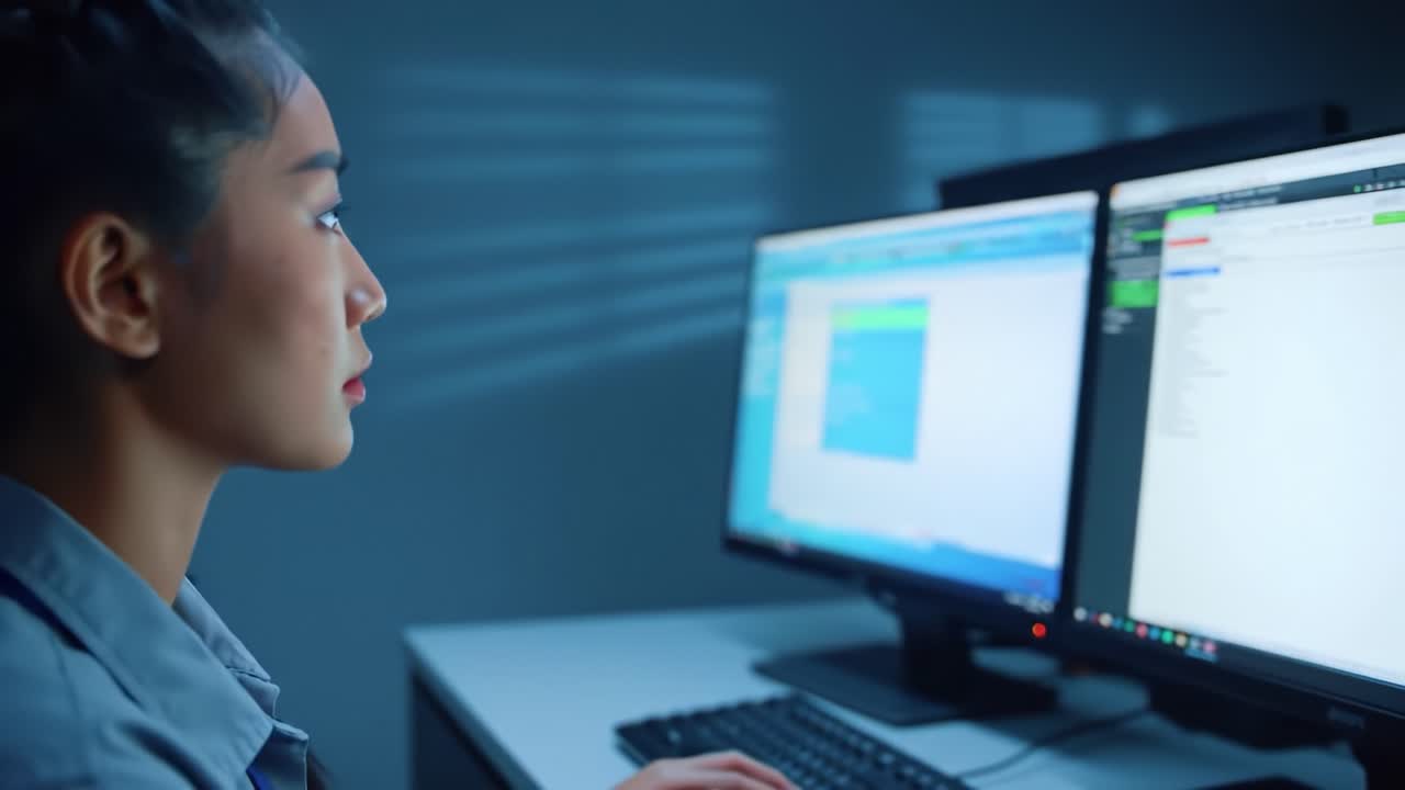 Woman focused on work at night