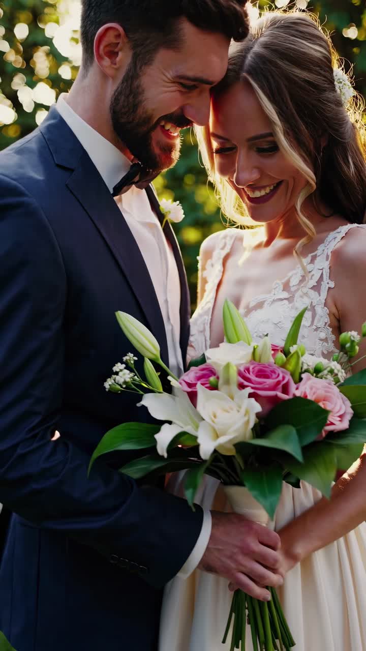 A romantic garden wedding scene with a couple embracing, captured at a low angle