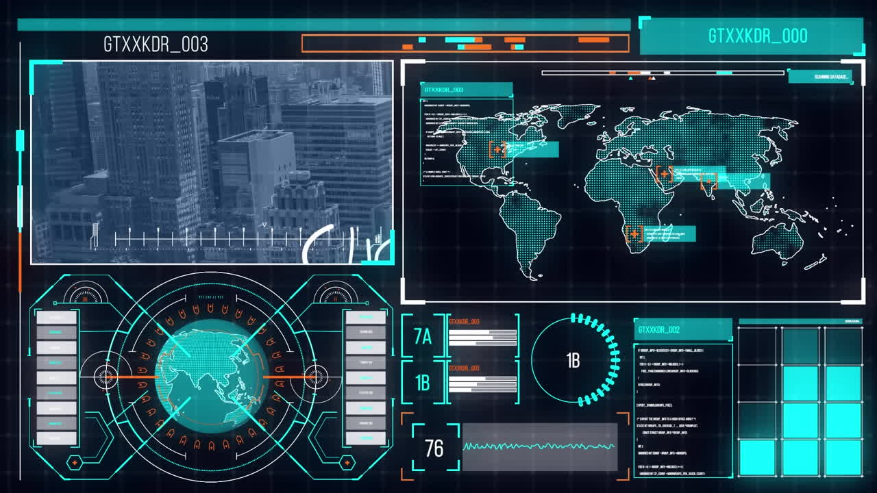 디지털 스크린의 애니메이션과 데이터 처리 및 도시 풍경
