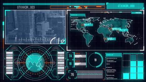 animación de pantalla digital con procesamiento de datos y paisaje urbano.