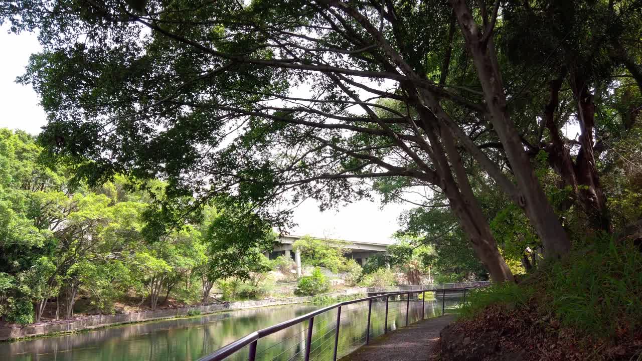 Zoom-in shot of curved pathway surrounded by trees beside a calm river