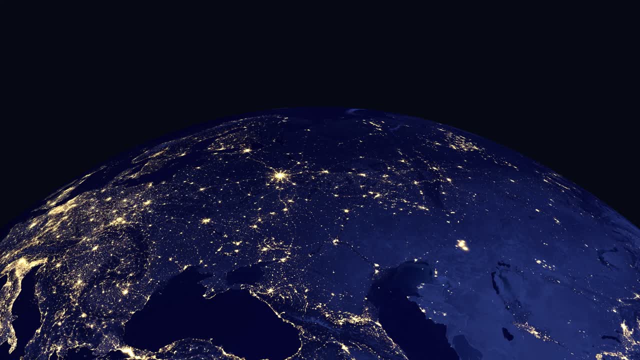 Digital globe rotates and zooms into illuminated Eastern European cities at night with country labels