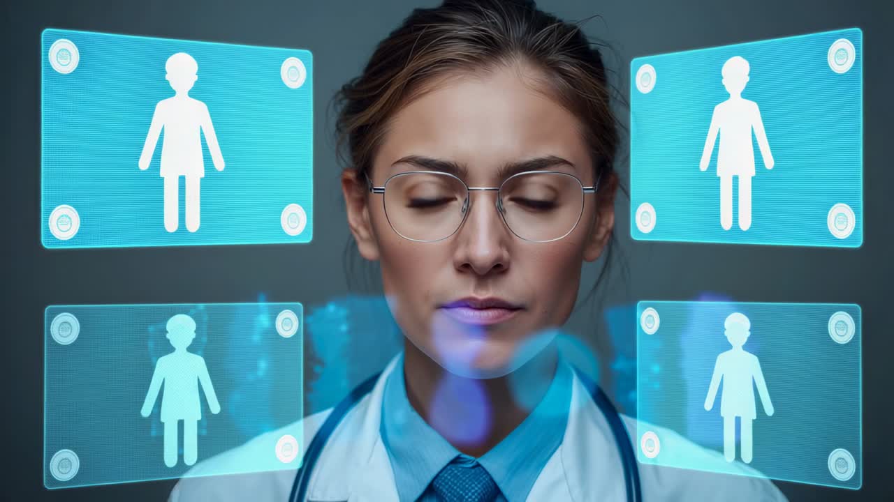 Hologram activating doctor assessing patient panels in clinic, with stethoscope, lab coat, glasses