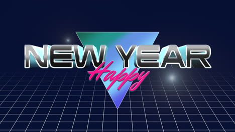 feliz año nuevo con triángulo retro y cuadrícula en galaxia negra 1