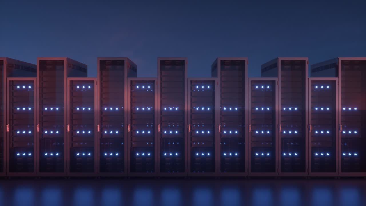 Server Racks against blue sky. Network and information servers behind glass panels. Cloud computing data storage. 4K high quality loop animation