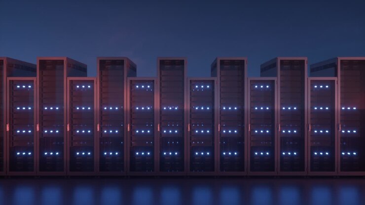 Server Racks against blue sky. Network and information servers behind glass panels. Cloud computing data storage. 4K high quality loop animation