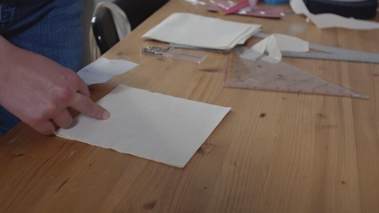 A static shot of hands preparing a sheet of cloth for fabrication by marking it with chalk and pressing the stencil design into it