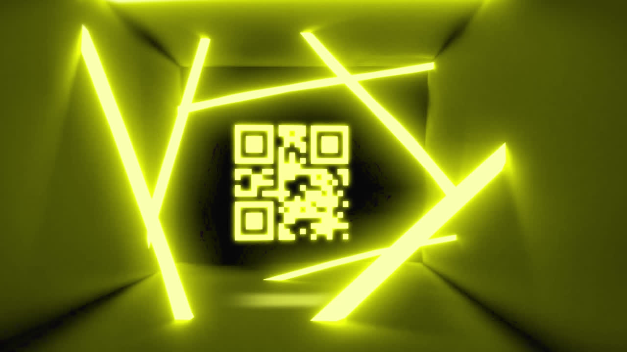 Digital animation of glowing qr code against glowing neon yellow tunnel on black background