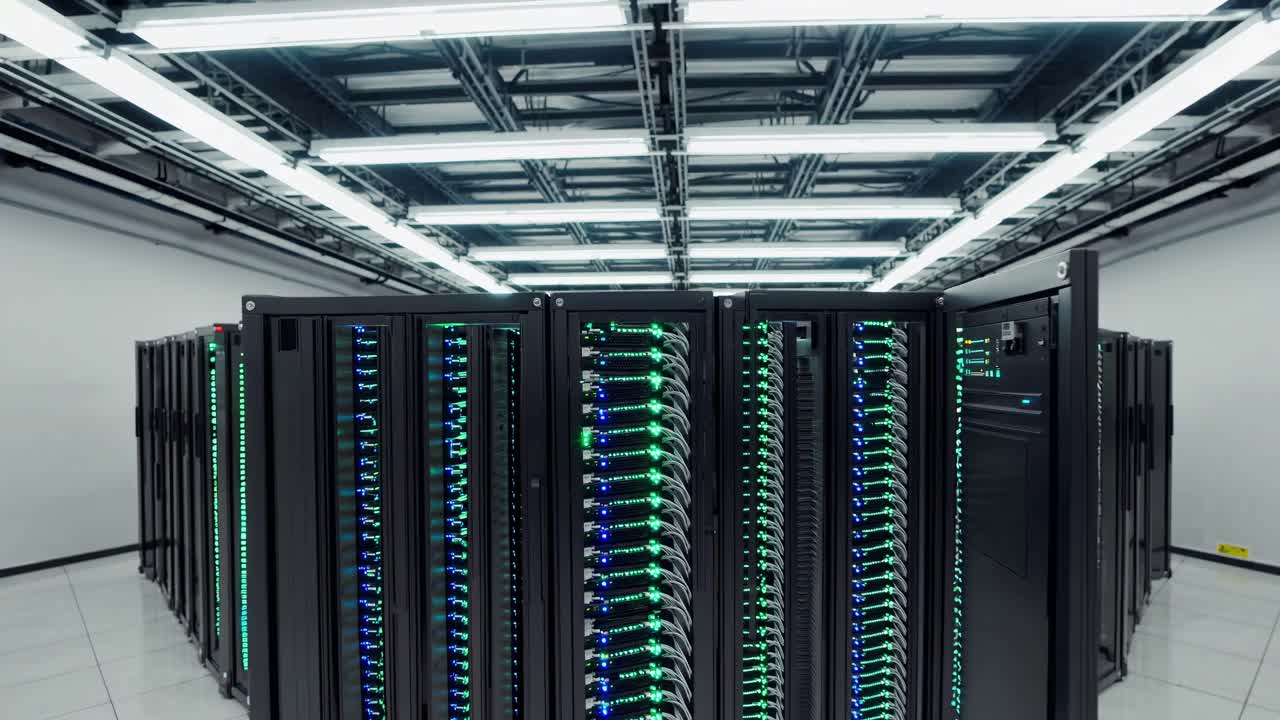 Close-up, low-angle shot of glowing server racks with cables, creating a futuristic tech video