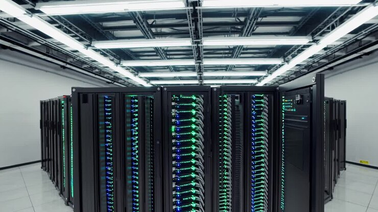 Close-up, low-angle shot of glowing server racks with cables, creating a futuristic tech video