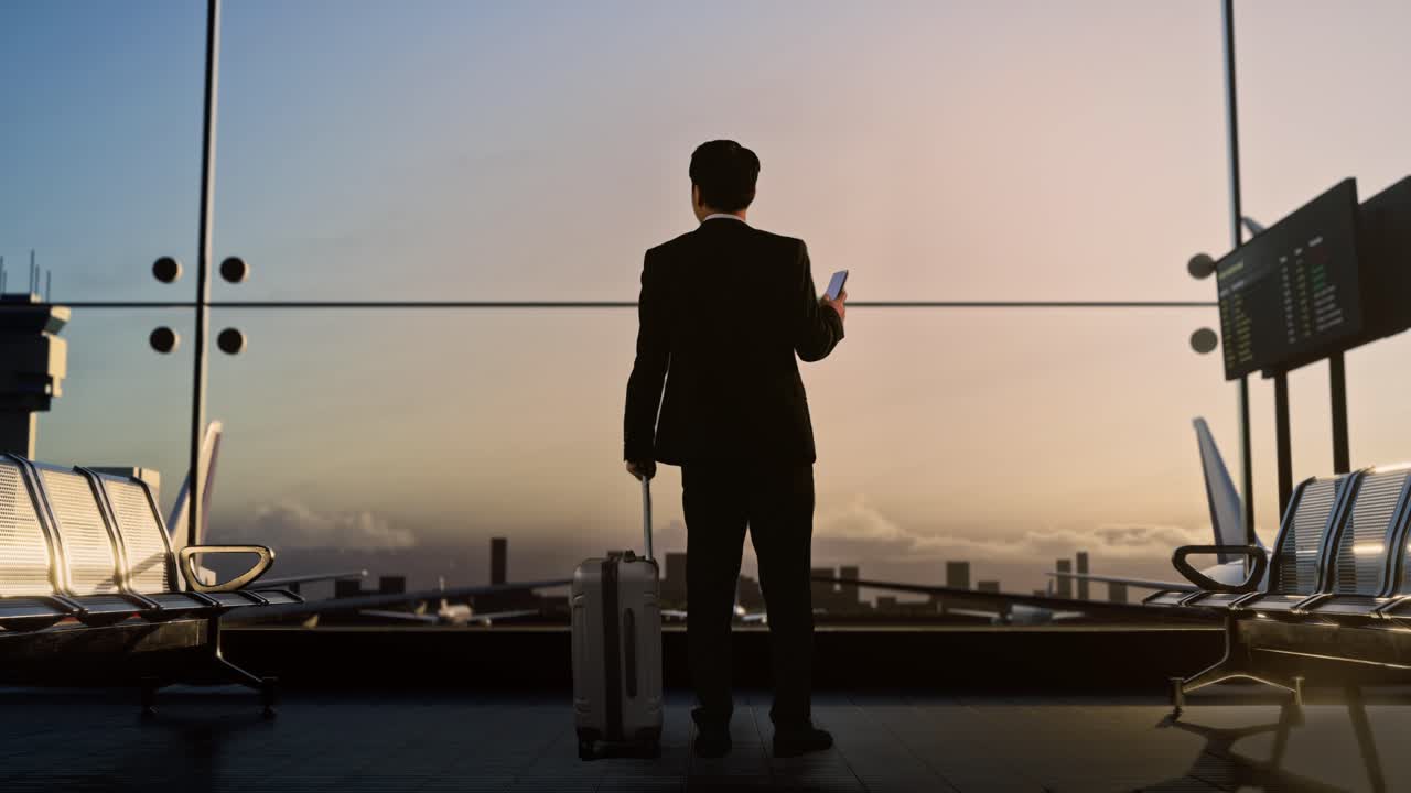 공항의 탑승 라운지에서 굴러가는 가방을 가진 아시아 사업가, 스마트폰을 사용하고, 걸어서 주위를 둘러보고, 비행기가 창밖에서 이륙합니다.