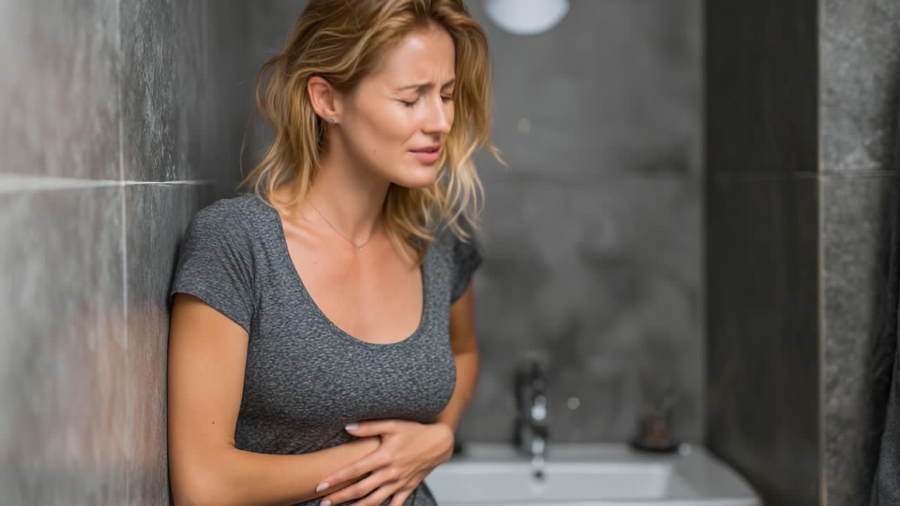 L'Esperienza Dolorosa di una Donna: Catturare il Turbolento Emotivo e il Disagio Fisico in un Tranquillo Ambiente da Bagno.