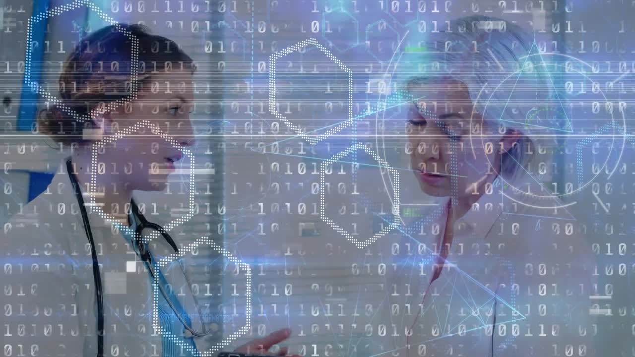 animación del procesamiento de datos de codificación binaria sobre una paciente y un médico usando una tableta