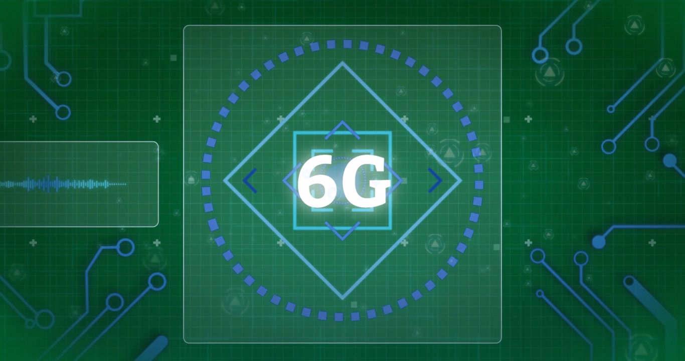 Digital animation of 6g text against microprocessor connections on black background