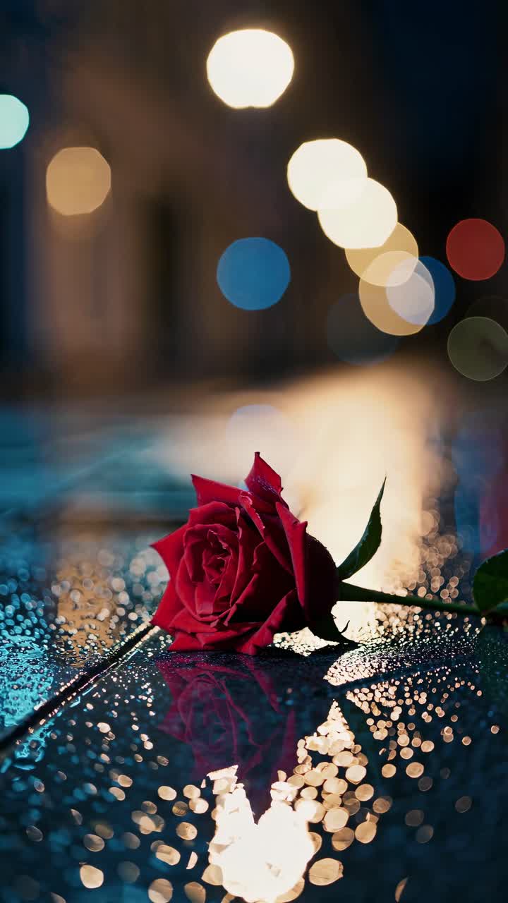 A close-up, low-angle shot of a red rose on a wet street, with blurred city lights