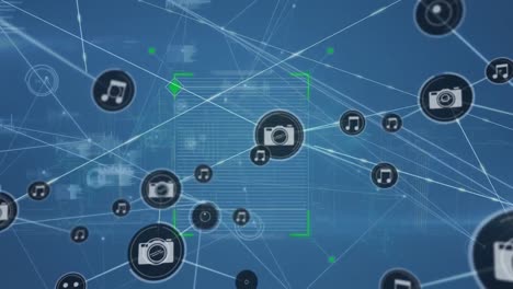 Animation-of-network-of-digital-icons-and-square-scanner-scanning-against-data-processing