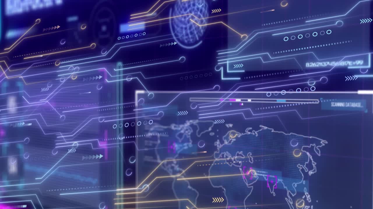 Animation of computer circuit board over data processing on black background