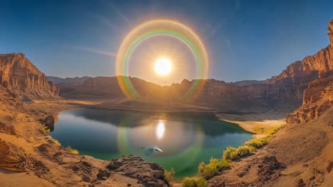 sunrise over a canyon lake with a halo